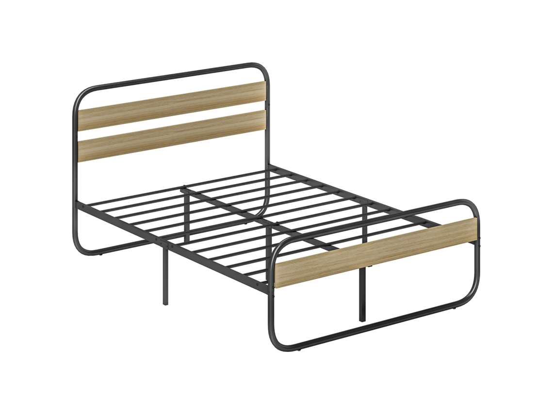Cama De Casal 140 X 190 Cm, Estrutura De Aço Estilo Industrial, Cabeceira E Inclusos, Efeito Madeira.