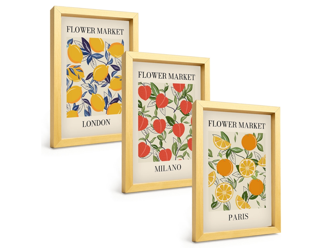 Composição De Quadros Pôsteres Florais Em Cidades Espelharte (3 Peças 20x30 Cm)