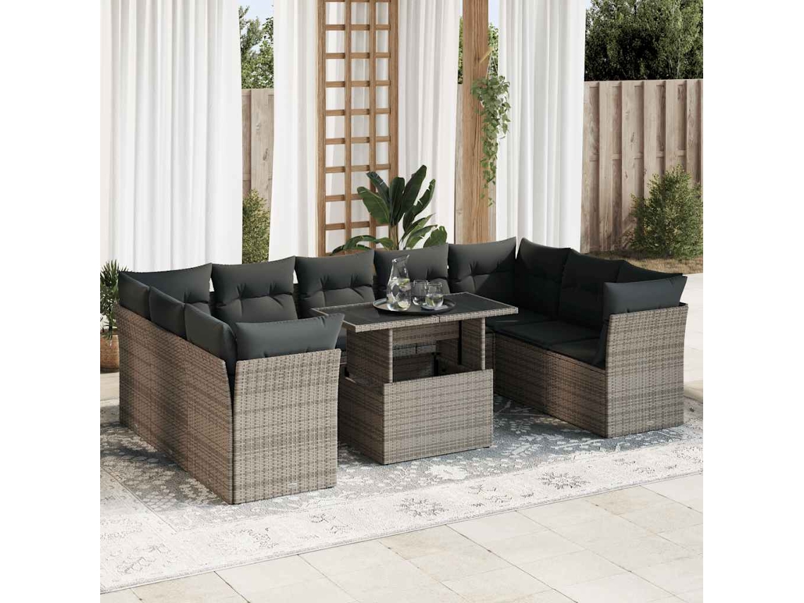 Vidaxl 10 Pcs Conjunto Sofás De Jardim C/ Almofadões Vime Pe Cinzento
