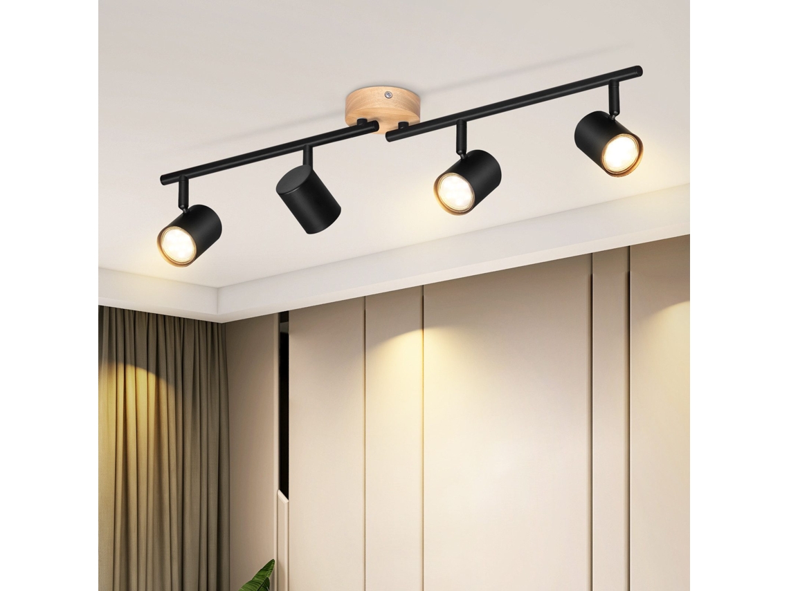 Nettlife Candeeiro De Teto Com Focos E Parede 4 Luzes Preto Madeira Gu10 Giratório Sem Lâmpada Para Sala, Orientáveis, Em Metal E Madeira