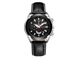 Relógio de pulso masculino de quartzo casual e simples, com pulseira preta e caixa prateada.