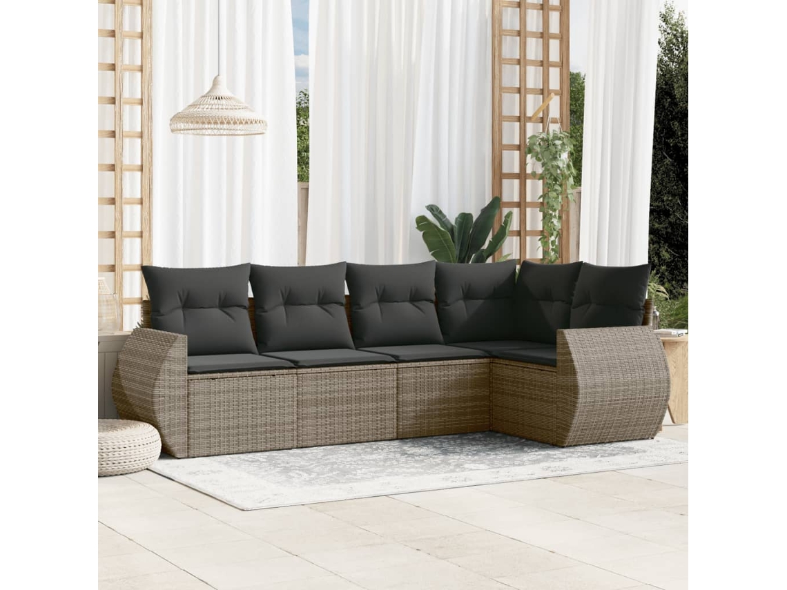 Vidaxl 5 Pcs Conjunto Sofás De Jardim C/ Almofadões Vime Pe Cinzento