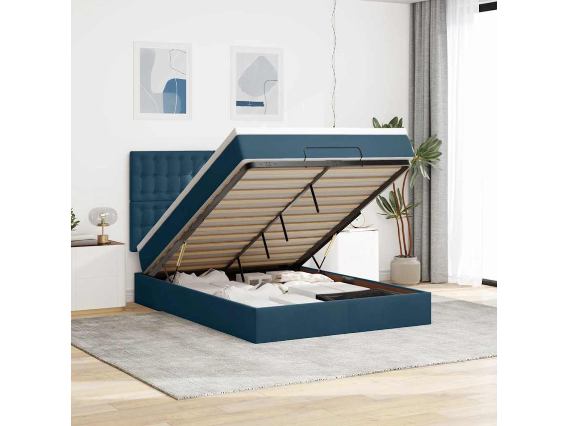 Vidaxl Estrutura Cama Otomana Colchões 140x190 Cm Veludo Azul Escuro