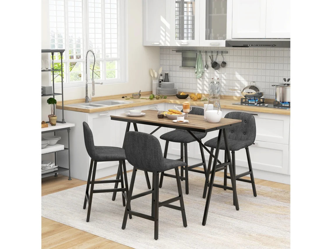 5-piece Bar Set, Table And 4 Chairs, Button Stitching, Thick Padding, Linen Look, Dark Gray