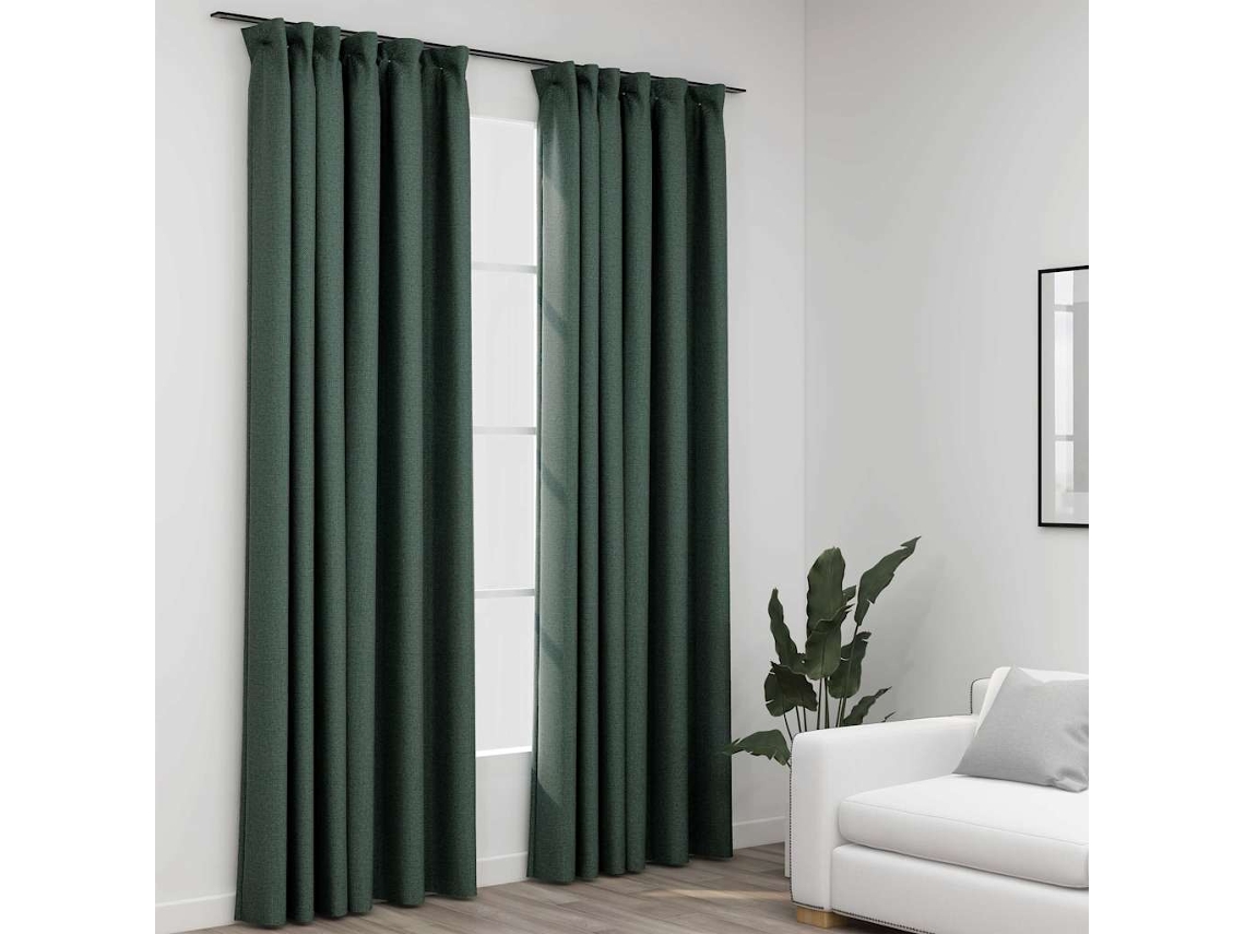 Vidaxl Cortinas Opacas Aspeto Linho C/ Ganchos 2 Pcs 140x245 Cm Verde