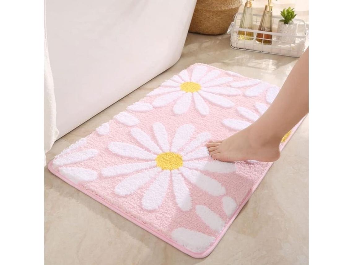 Tapete de Banho Flor Daisy, Peludo Rosa para Casa de Nym