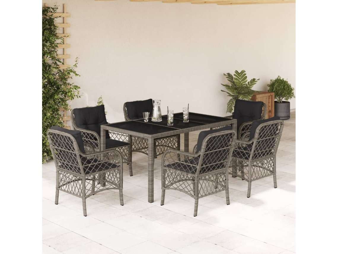 Vidaxl 7 Pcs Conjunto De Jantar P/ Jardim C/ Almofadões Vime Pe Cinza