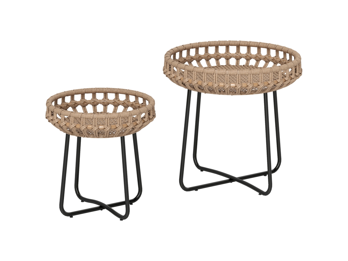 Kit 2 Mesas Redondas Vime Sintético Ø60/41cm Pés Ajustáveis, Castanho