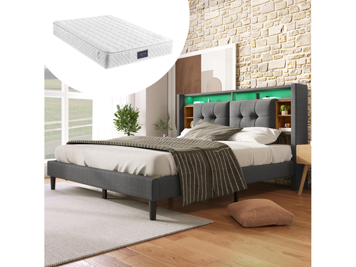 Cama Casal Cinza 160x200cm Estofada, Led, Usb, Cabeceira, Ripas (c/ Colchão).-op