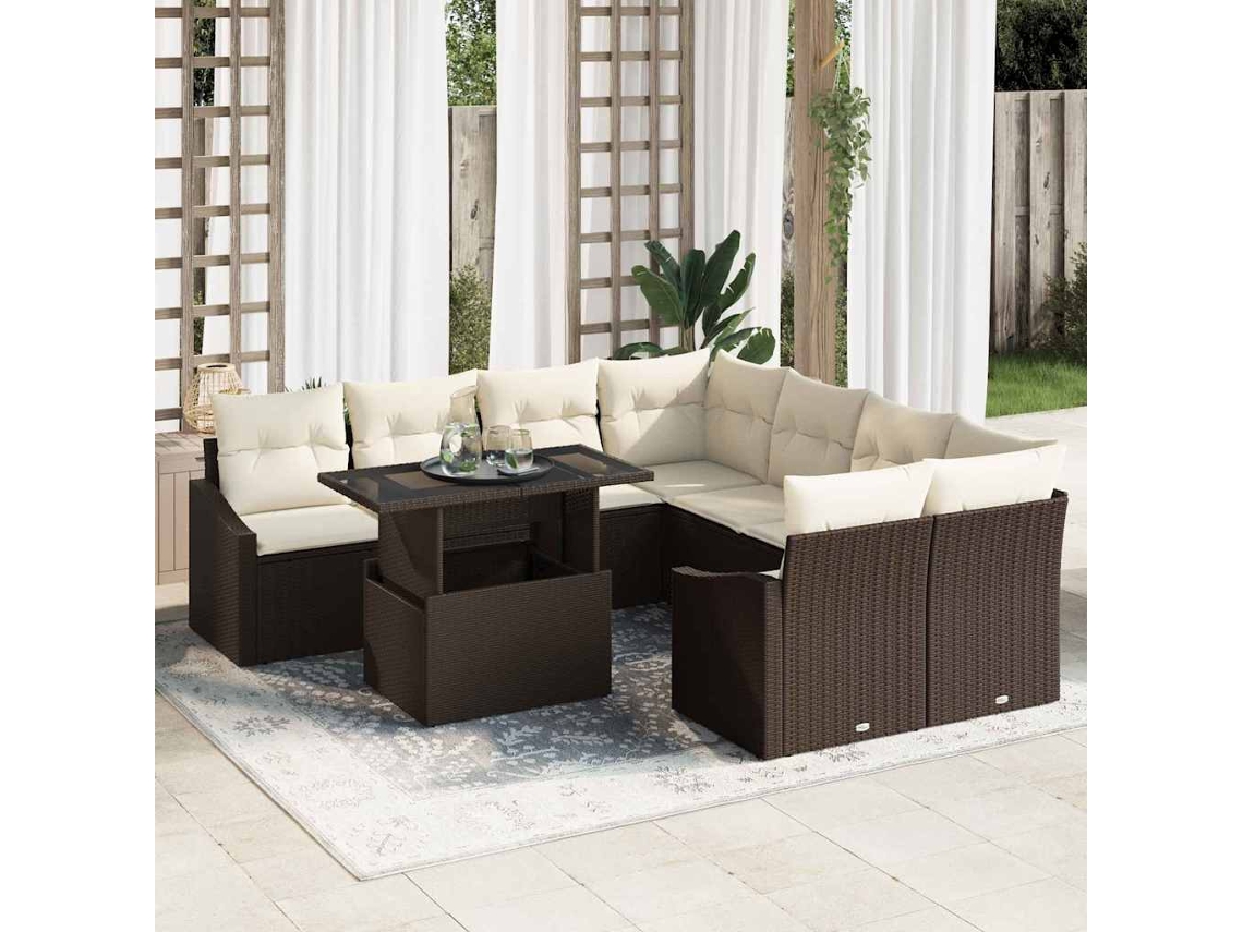 Vidaxl Conjunto De Sofá De Jardim Com Almofada 9 Pcs Castanho Vime Pe