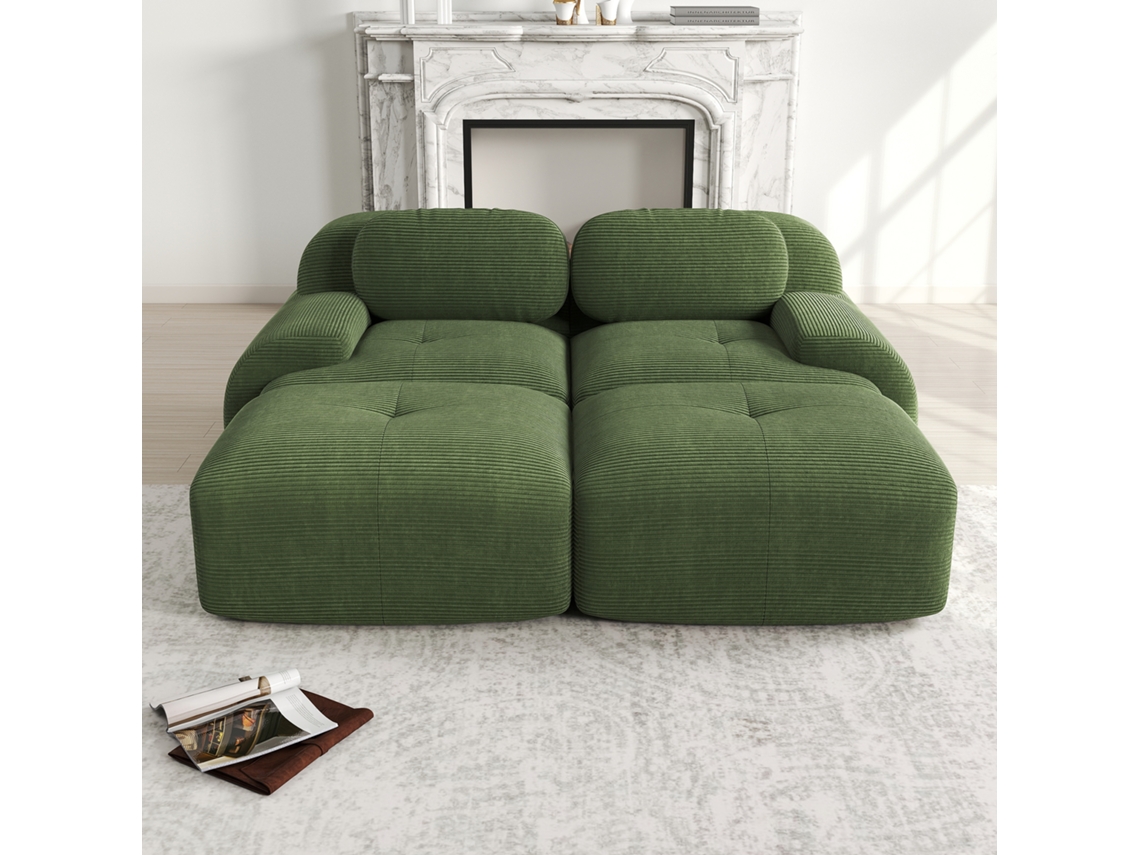 Sofá 2 Lugares Em Bombazina Verde Com Chaise Modular E Espuma De Alta Elasticidade