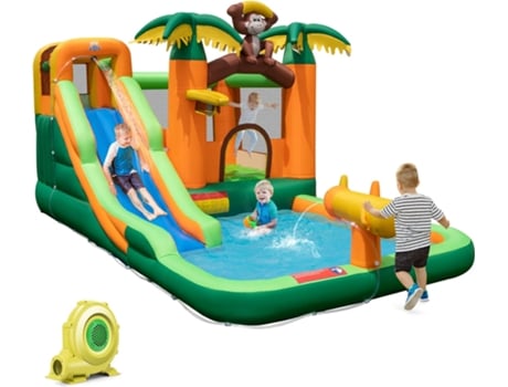 Castelo Insuflável Aquático com Escorrega Castelo Insuflável Grande 7 em 1 460 X 285 X 230 Cm Castelo Insuflável para Crianças 3-10 Anos COSTWAY