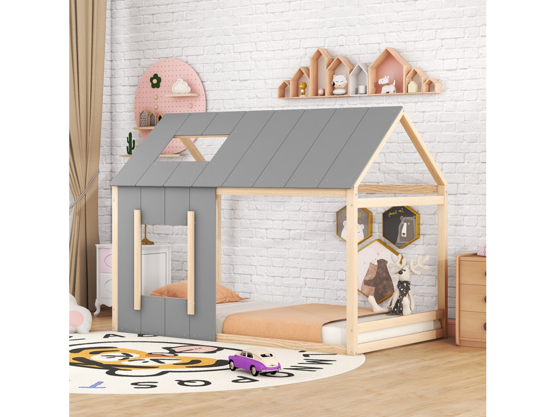 Cama Infantil 90x200, Formato De Casa, Cama Baixa Com Telhado E Janela, Natural E Cinza (prev: 12/8)
