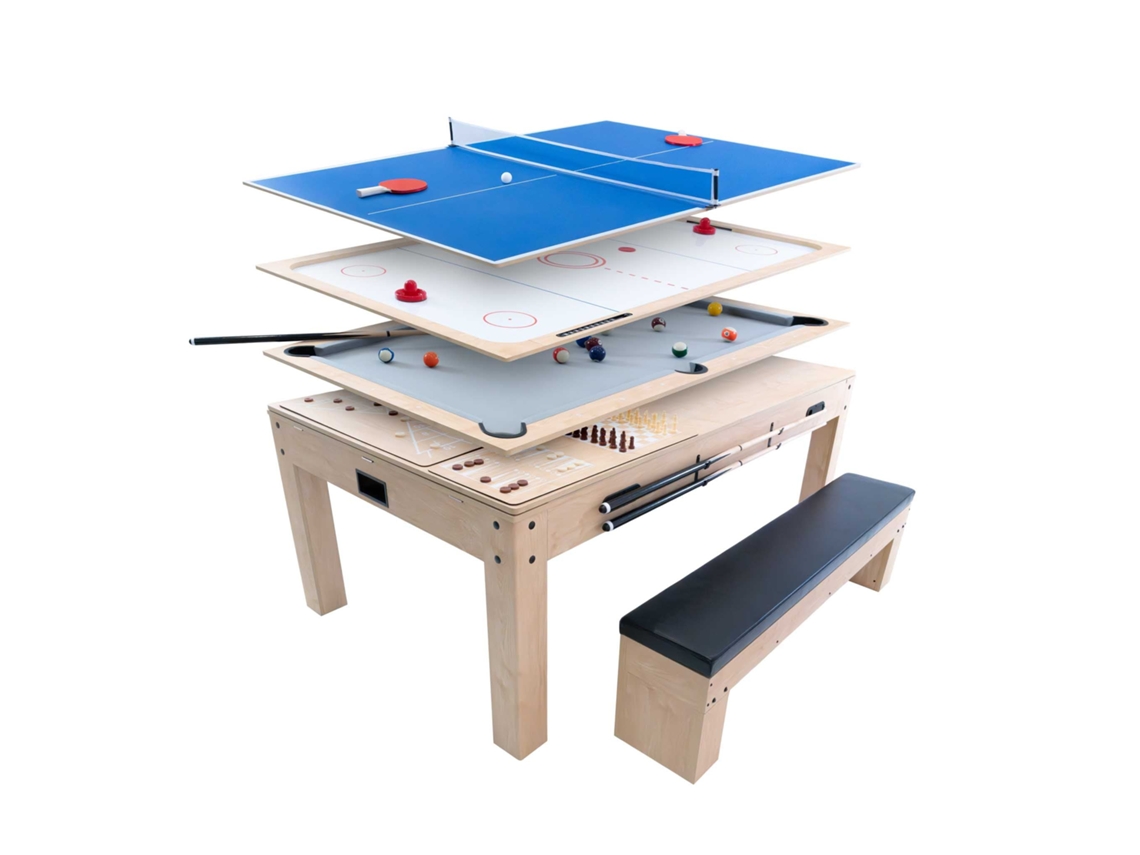 Mesa Multijogos 7 Em 1 Com Banco - Efeito Carvalho | Bilhar, Pingue-pongue, Air Hockey, Xadrez, Gamão, Shuffleboard E