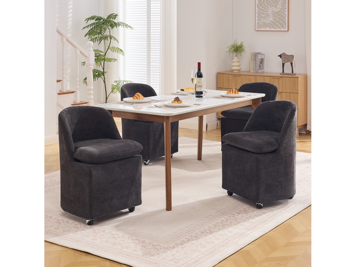 Conjunto De 2 Cadeiras De Sala De Jantar Em Chenille Cinzento, Rodas E Capa Amovível