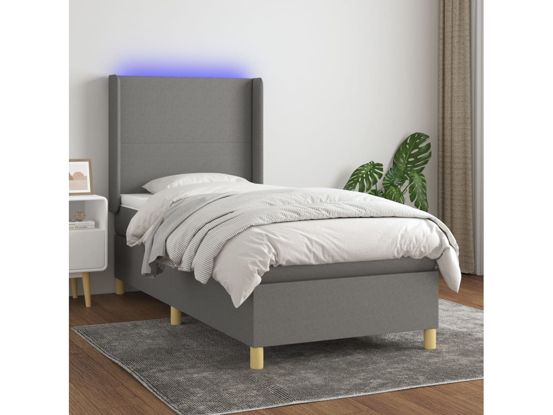 Vidaxl Cama Box Spring C/ Colchão E Led 90x190 Cm Tecido Cinza-escuro