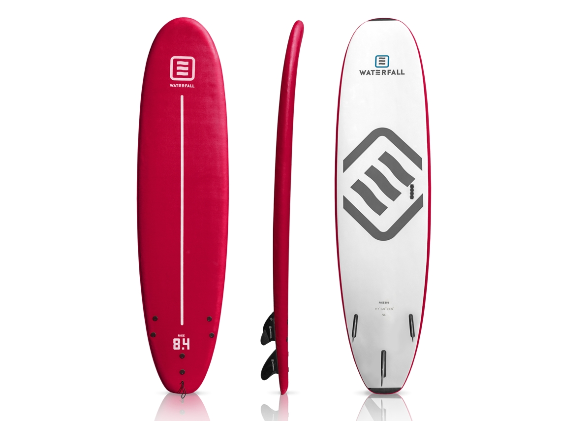 Prancha de Surf WATERFALL Soft Top Rise 8'4 V2 com 3 stringers um leash e 3 quilhas