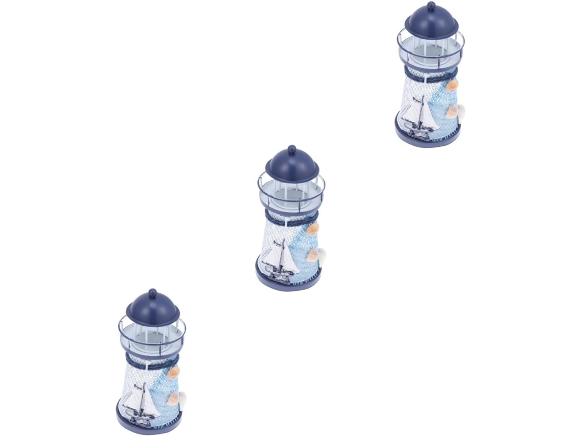 Conjunto De 3 Castiçais Artísticos De Ferro Em Estilo Mediterrâneo, Com Design De Farol E Vela, Deco Gokoco