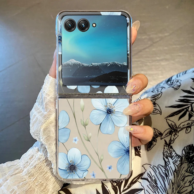 Capa Transparente Para Motorola Razr 60 Ultra Com Estampa Floral Azul, Resistente A Impactos.