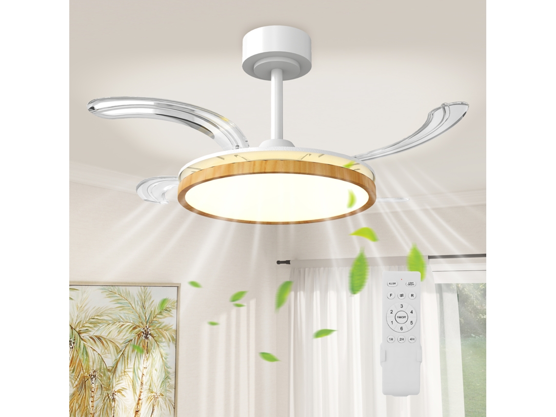 Ventoinha De Teto Com Luz Led 80 W Motor Dc Reversível Controlo Remoto 6 Velocidades Temporizador Ø95 Cm Branco E Madeira