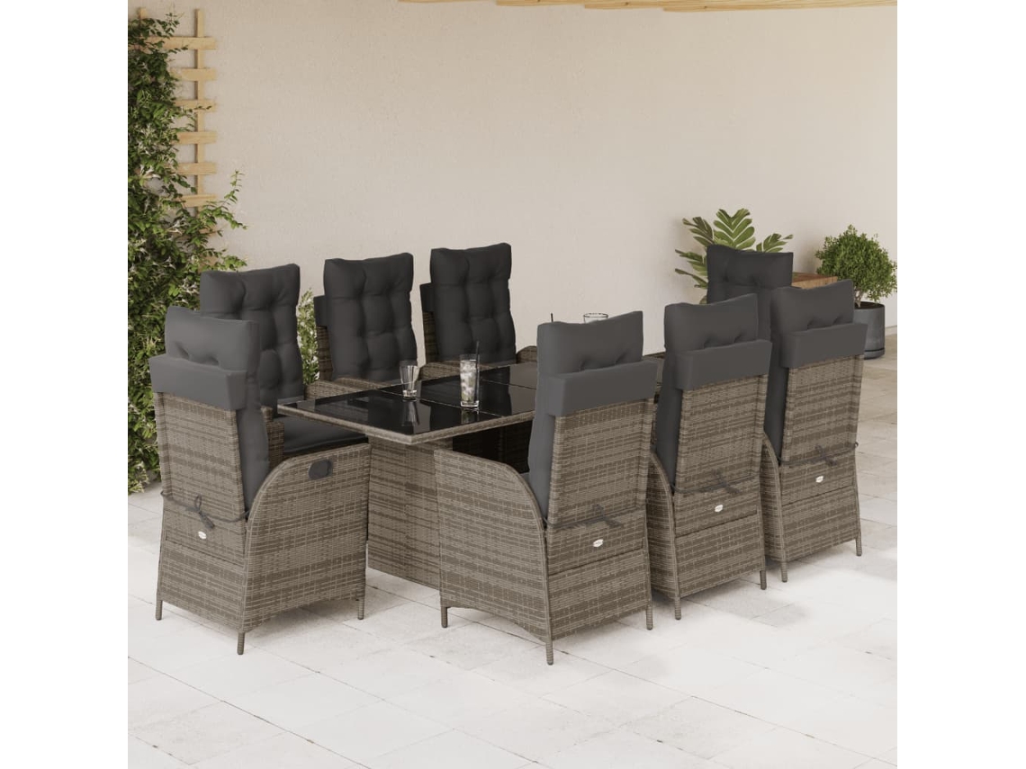 Vidaxl 9 Pcs Conjunto De Jantar P/ Jardim C/ Almofadões Vime Pe Cinza