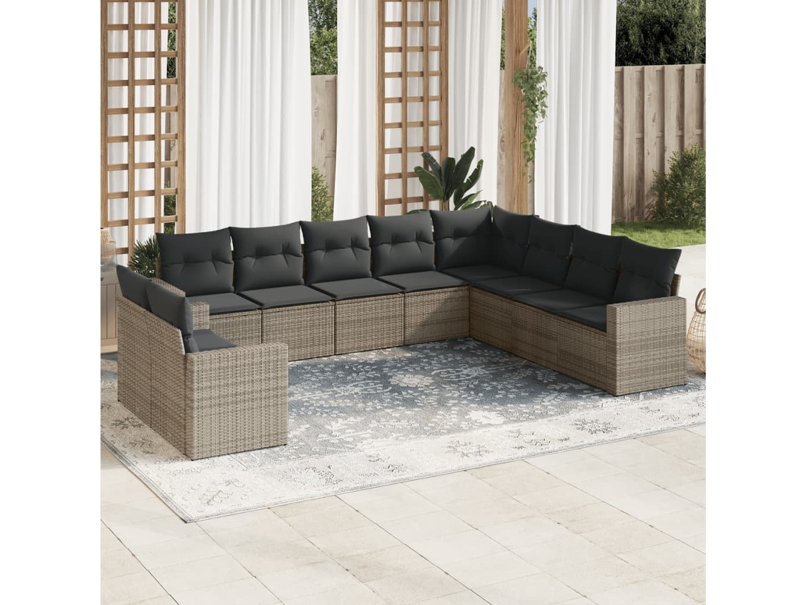 Vidaxl 10 Pcs Conjunto Sofás De Jardim C/ Almofadões Vime Pe Cinzento