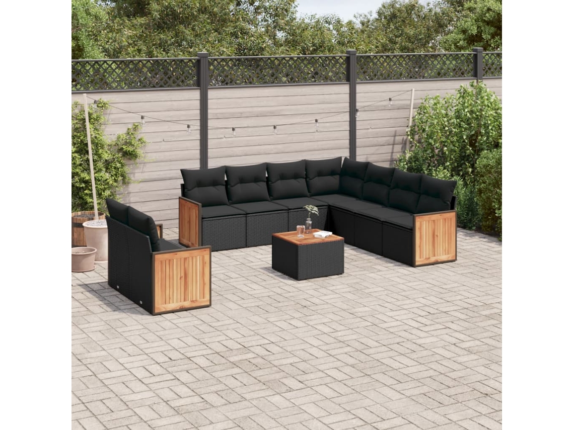 Vidaxl 10 Pcs Conjunto Sofás de Jardim C/ Almofadões Vime Pe Preto