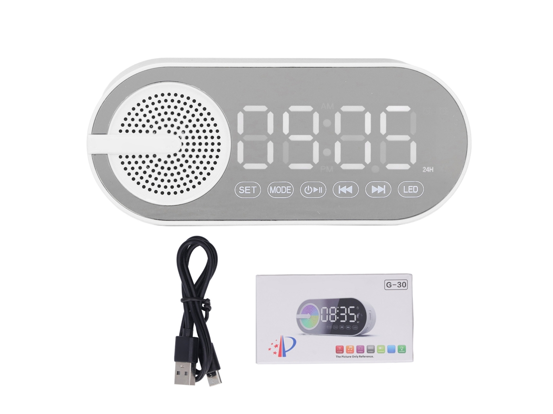 Reloj Espejo Altavoz Bluetooth 5.0 Radio Fm Bajo Potente Luz Color Recargable Blanco