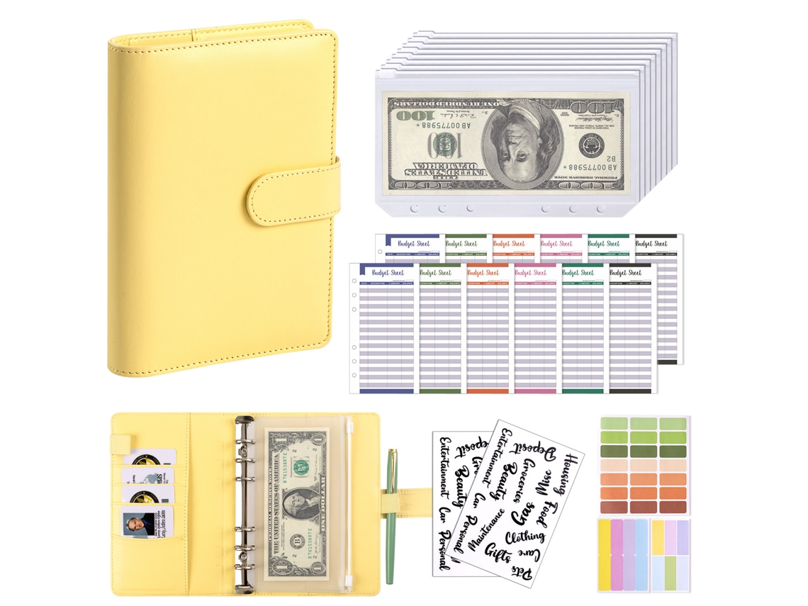 A6 Pu Leather Cash Envelope Binder With Zipper Pockets Yellow Cover, 8-pouches, 12 A6 Budget Cards, 2-english Stickers