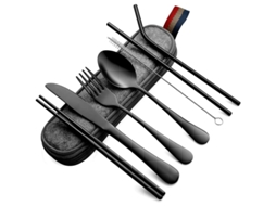 Jogo De Talheres Portátil Para Viagem E Camping, 8 Peças Com Estojo, Inox, Preto
