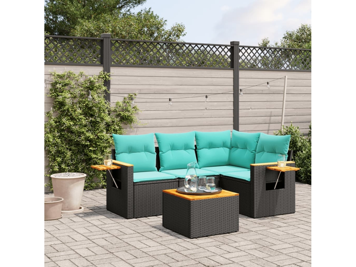 Vidaxl 5 Pcs Conjunto de Sofás P/ Jardim C/ Almofadões Vime Pe Preto