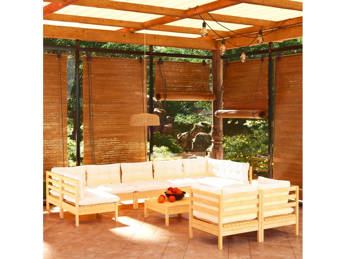 Vidaxl 10 Pcs Conjunto Lounge Jardim C/ Almofadões Creme Pinho Maciço