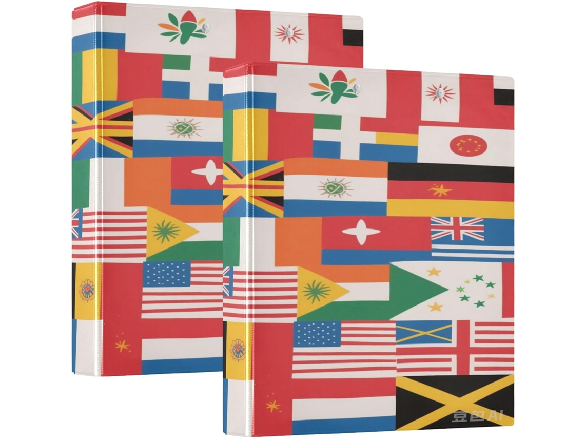 Pasta escolar com anéis redondos de 1 a 2 sacolas e mochilas, estampa colorida da bandeira nacional em design animado.