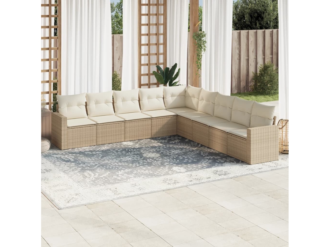 Vidaxl 9 Pcs Conjunto De Sofás P/ Jardim Com Almofadões Vime Pe Bege