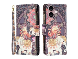 Capa Em Couro Pu Com Suporte Para Apple Iphone 16 Plus - Flores E Elefante