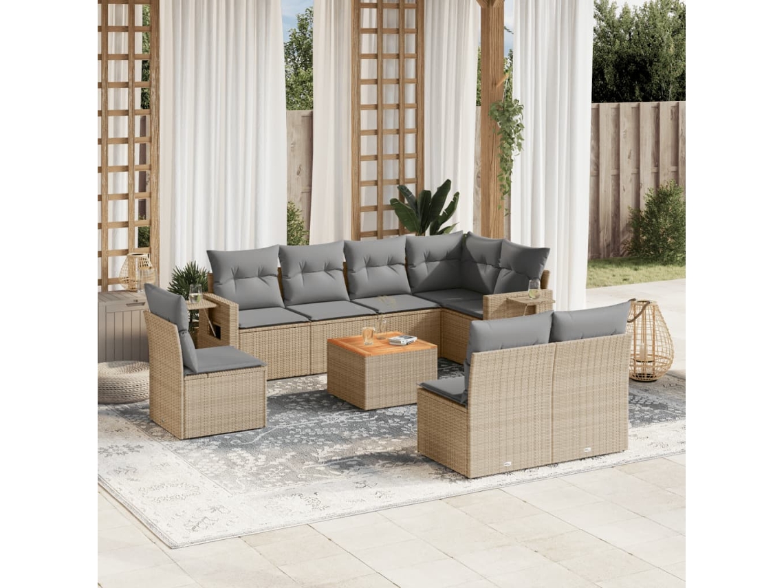 Vidaxl 9 Pcs Conjunto De Sofás P/ Jardim Com Almofadões Vime Pe Bege