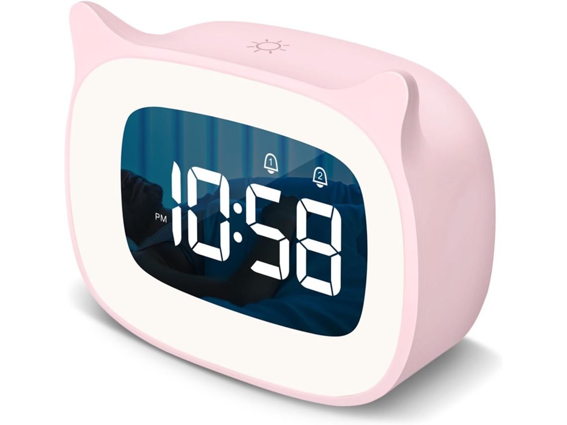 Despertador Infantil com Luz Noturna e 18 Toques, Recarregável, Lindo Relógio de Orelha de Gato para Meninos e Meninas, Presentes de Anivers EHSTMIND