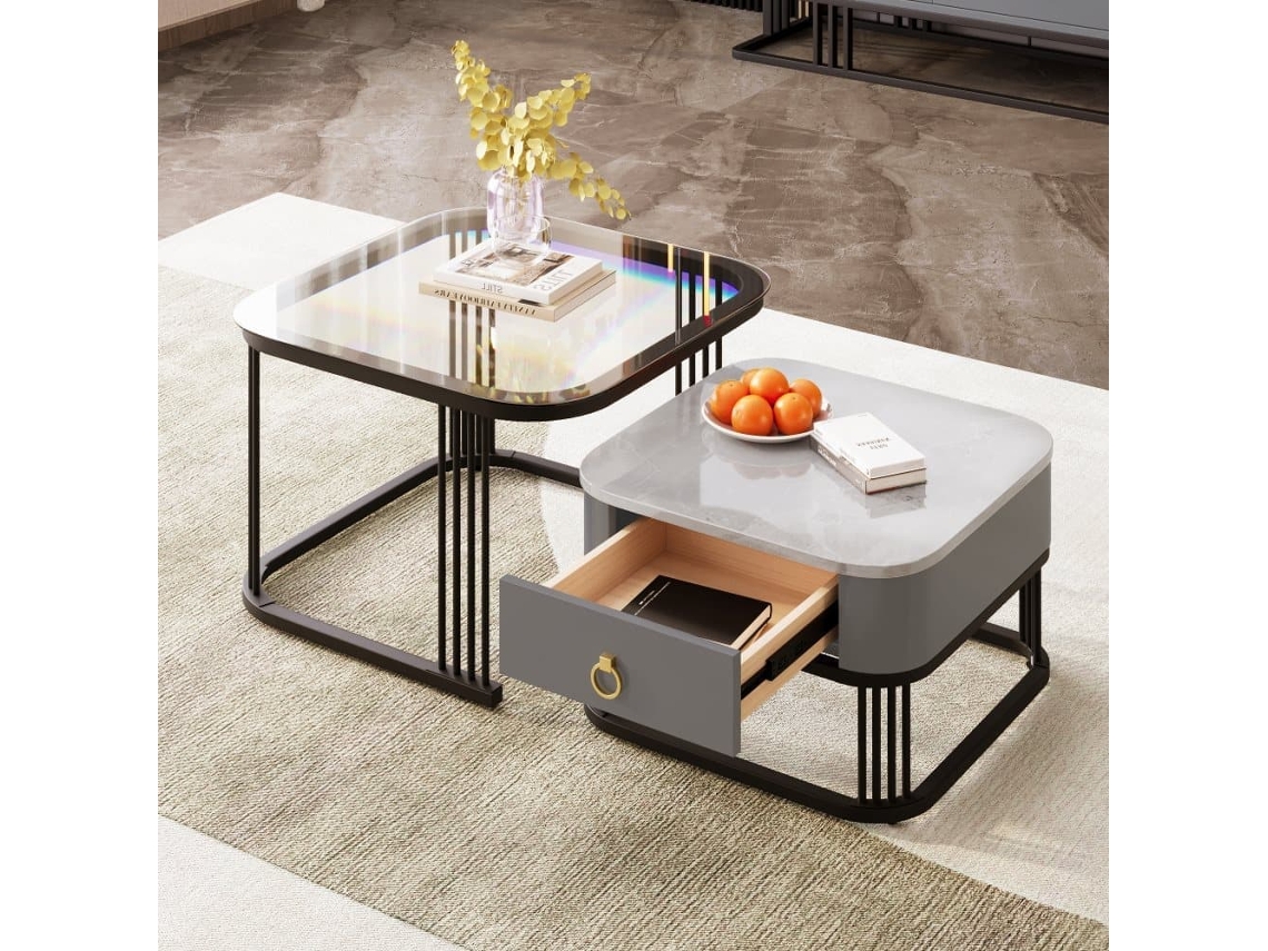 Mesa De Centro Empilhável - 2 Peças - Alto Brilho Com Design Em Mármore E Vidro, Pernas Pretas, Com Gavetas
