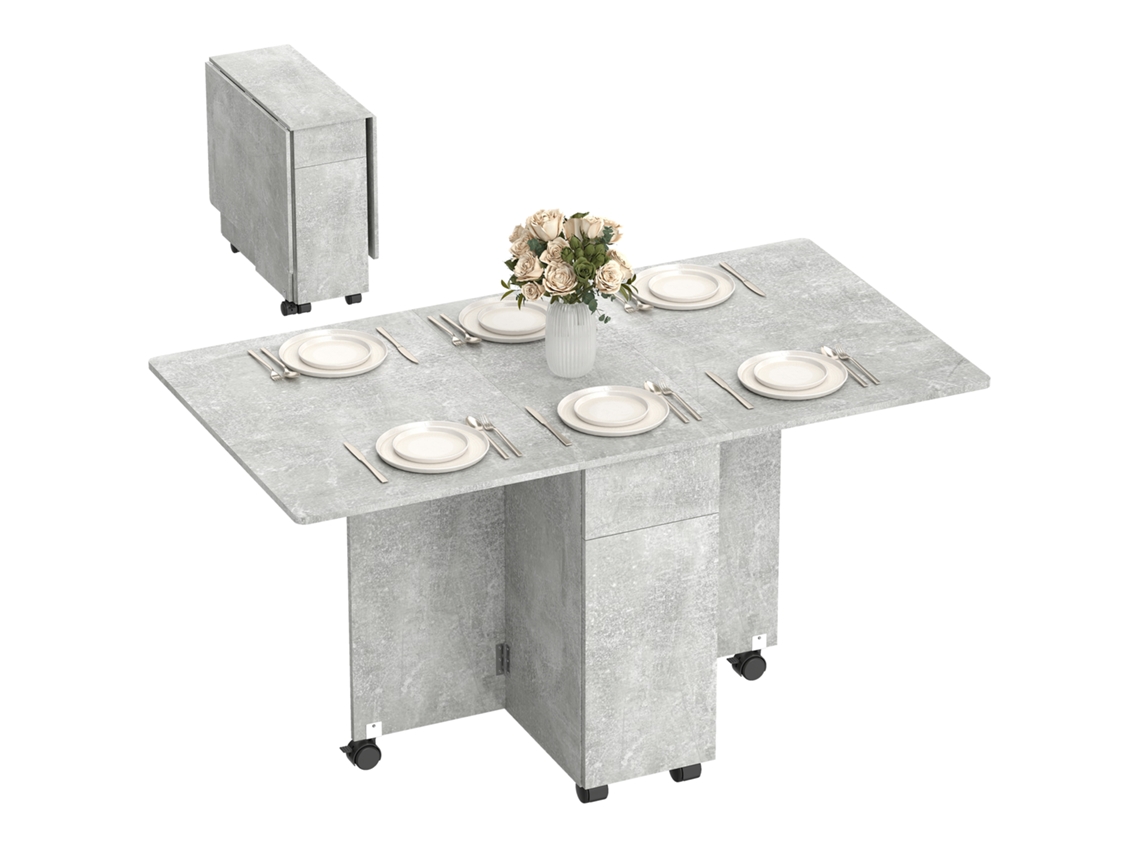 Mesa de Jantar Dobrável com Rodas e 2 Gavetas. 2 Portas e Armário. na Madeira. 140x76x74 Cm. Cinza Concreto Ge