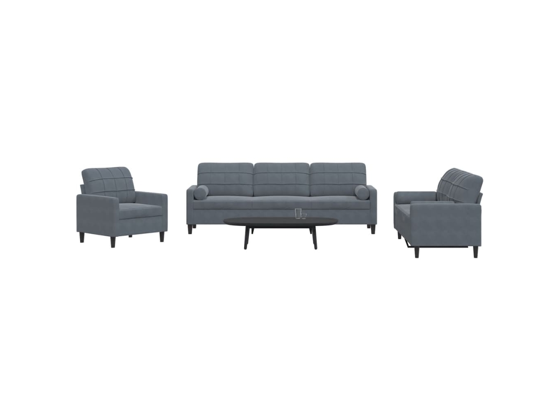 Vidaxl 3 Pcs Conjunto Sofás Com Almofadões E Rolos Veludo Cinza-escuro