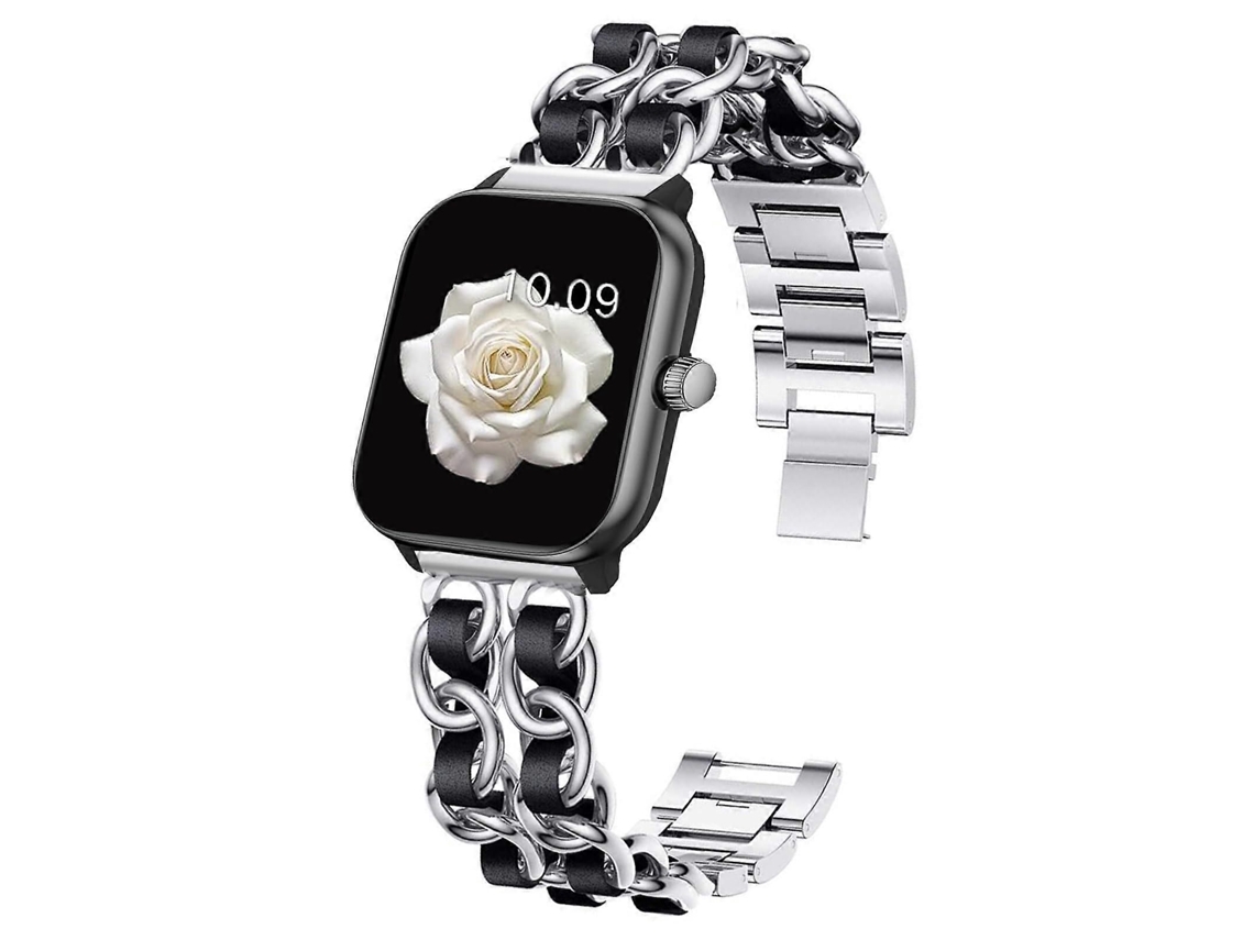 Pulseira Para Smartwatch Spade Co Health Smartwatch 4 Com Corrente Metálica E Pulseira De Couro De 22mm Nas Cores Prata E Preta