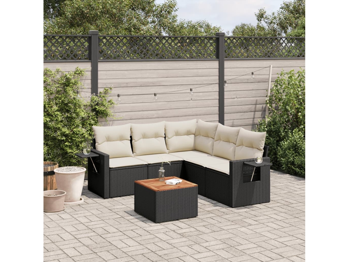 Vidaxl 6 Pcs Conjunto Sofás De Jardim C/ Almofadões Vime Pe Preto