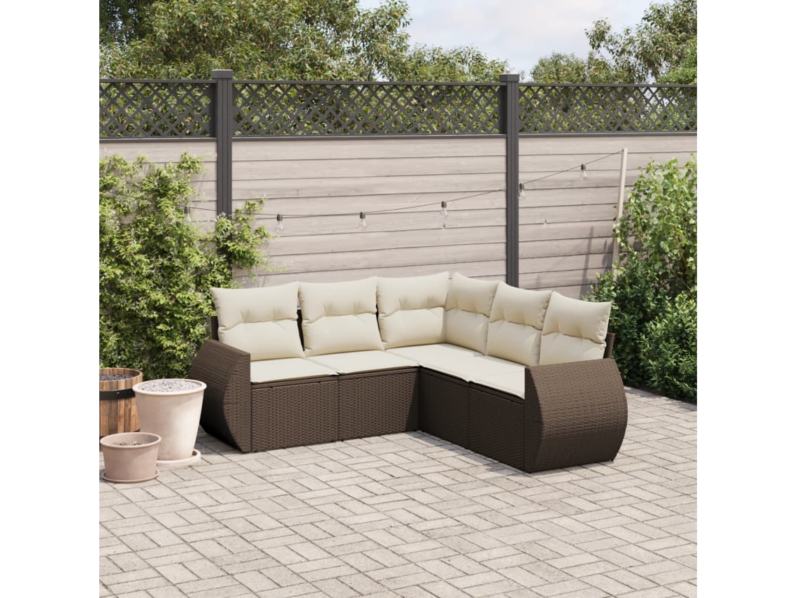 Vidaxl 5 Pcs Conjunto Sofás P/ Jardim C/ Almofadões Vime Pe Castanho