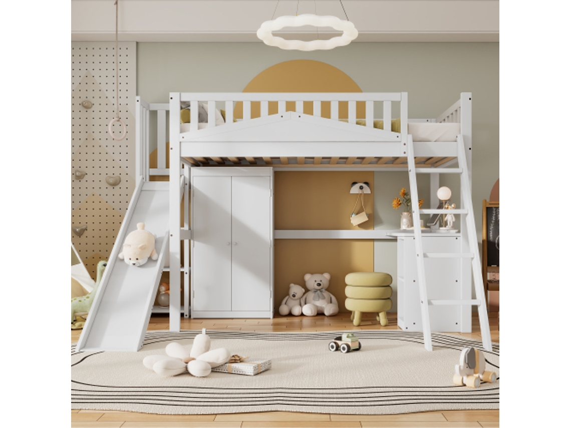 Beliche, Cama De Criança, Com Portão De Segurança, Com Mesa E Guarda-roupa, Amplo Espaço De Armazenamento, Com Escada De Quatro Degraus, Pinhomdfma