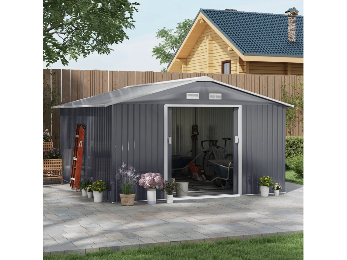 Abrigo De Jardim De Metal 340x386x200cm Com Fundação Portas De Correr Ventilação Cinza Carvão