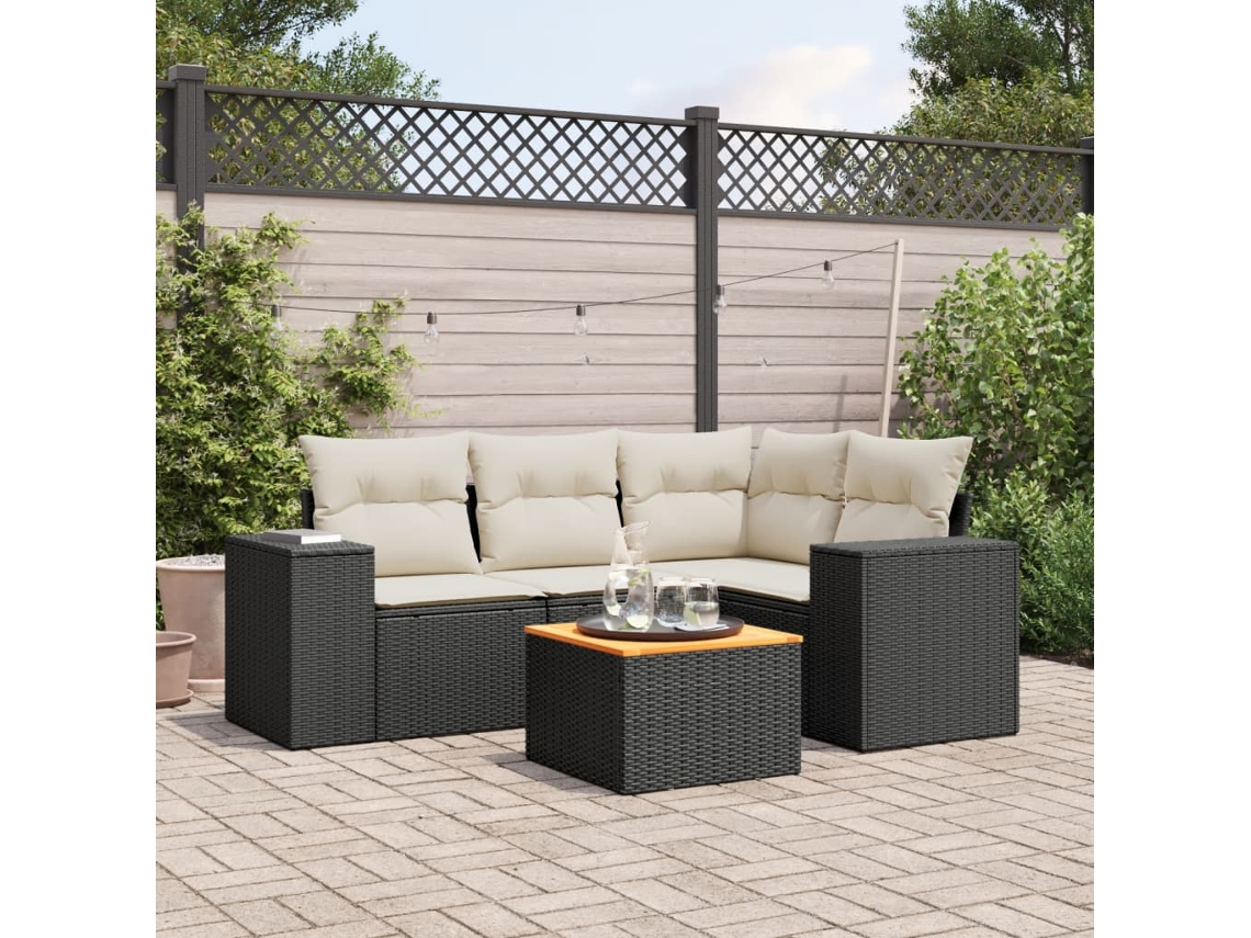 5 Pcs Conjunto Sofás De Jardimconjuntos Relax Jardimconjunto De Jantar Com Almofadões Vime Pe Preto Cfw976736 Lovely Home