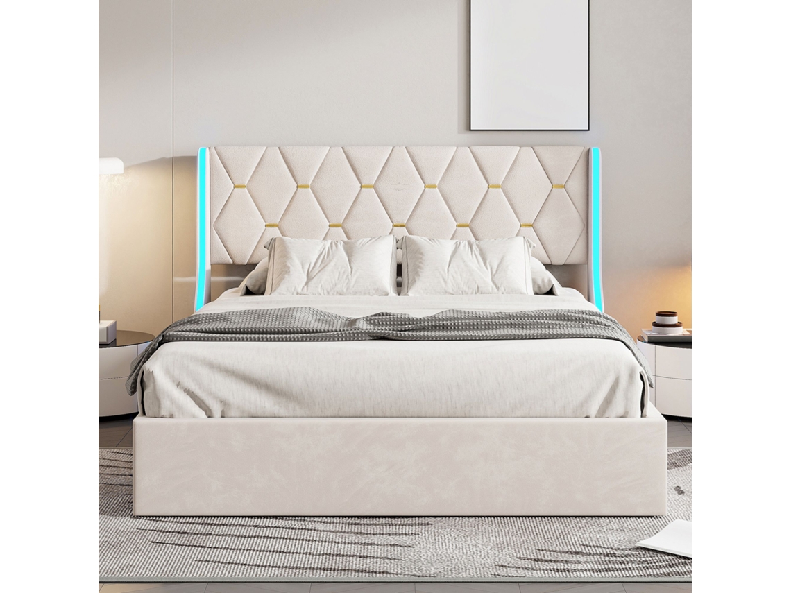 Cama De Casal Adulta 140x190 Cm Com Led, Arrumação E Estrado De Ripas, Cama Baú Estofada Em Veludo, Bege, Sem Colchão