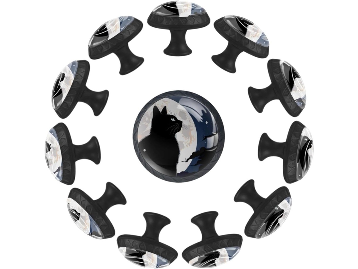 Puxadores E Botões Redondos Para Gavetas Armários, Conjunto De 12 Peças, Com Desenho De Gato Preto E Lua, Ideais Para