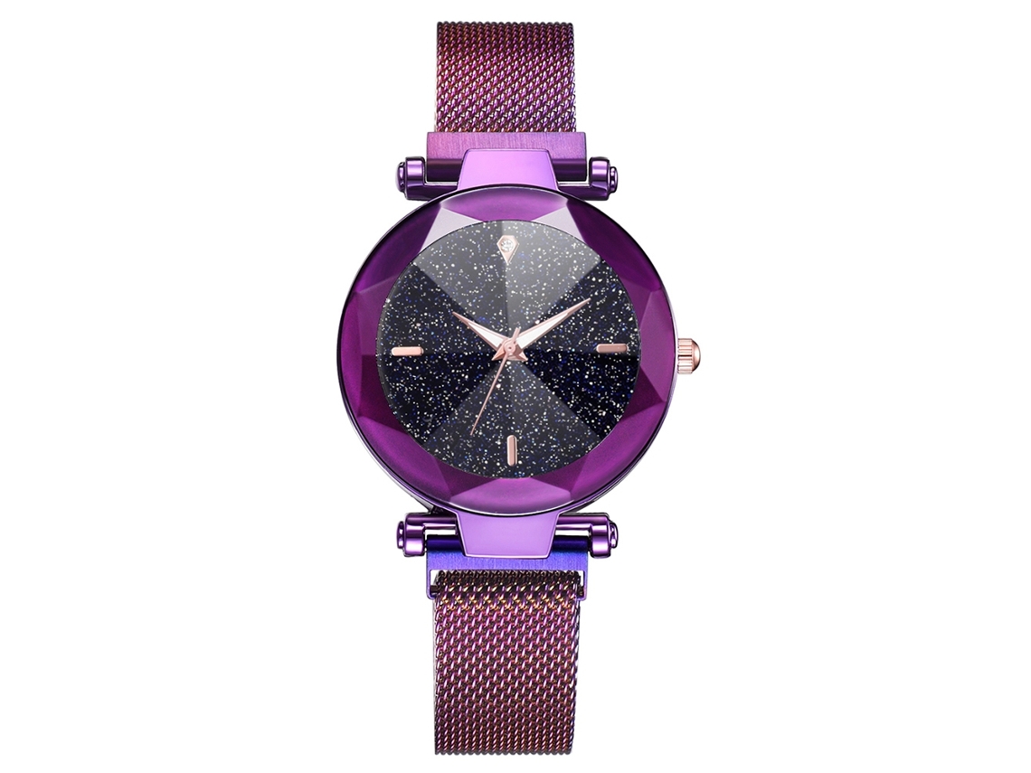 Relógio de Pulsera Feminino de Quartzo com Pulseira de Malha e Botão Magnético Roxo
