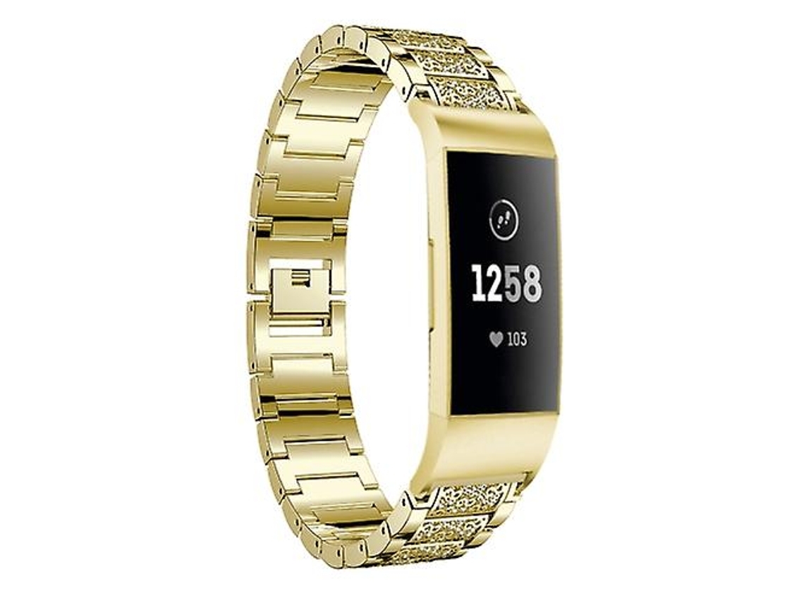 Pulseira De Aço Inoxidável Sólido Com Diamantes Incrustados, Compatível Fitbit Charge 3, Acabamento Dourado